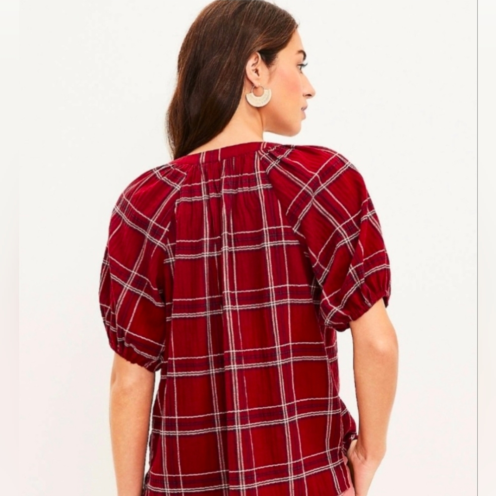 Loft Blouse Red Blue White Plaid Tie-Neck Puff Sleeve Top Size L Petite *NWT - Picture 16 of 16